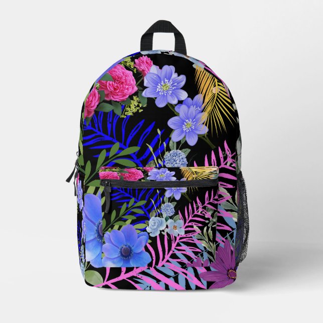 Colourful Retro Floral Fern Botanical Foliage  Printed Backpack (Front)