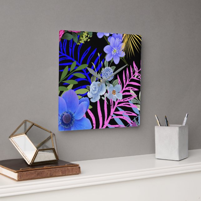 Colourful Retro Floral Fern Botanical Foliage  Square Wall Clock (Office)