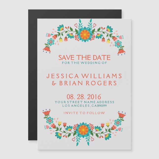 Colourful Retro Floral Frame Save the Date Magnetic Invitation (Front/Back)