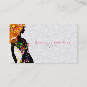 Colourful Retro Floral Girl & White Floral Damask Business Card