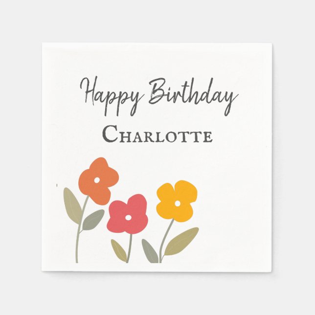 Colourful Retro Floral Happy Birthday   Napkin (Front)