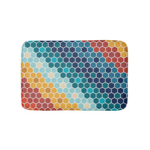 Colourful Retro Floral Mosaic Hexagon Pattern Bath Mat