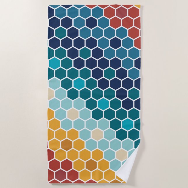 Colourful Retro Floral Mosaic Hexagon Pattern Beach Towel (Front)
