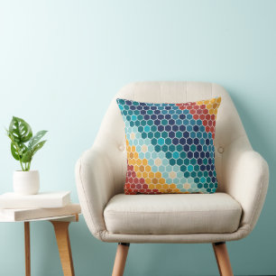 Colourful Retro Floral Mosaic Hexagon Pattern Cushion