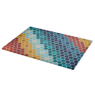 Colourful Retro Floral Mosaic Hexagon Pattern Cutting Board