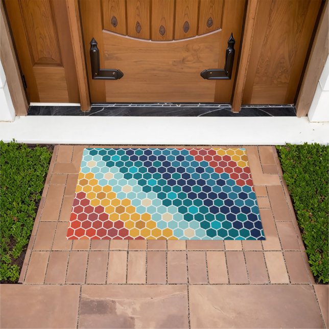Colourful Retro Floral Mosaic Hexagon Pattern Doormat (Outdoor)