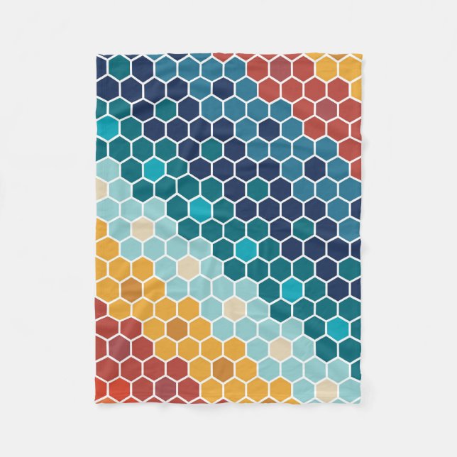 Colourful Retro Floral Mosaic Hexagon Pattern Fleece Blanket (Front)