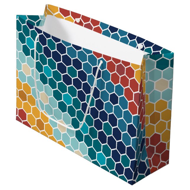 Colourful Retro Floral Mosaic Hexagon Pattern Large Gift Bag (Front Angled)
