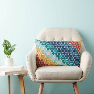 Colourful Retro Floral Mosaic Hexagon Pattern Lumbar Cushion