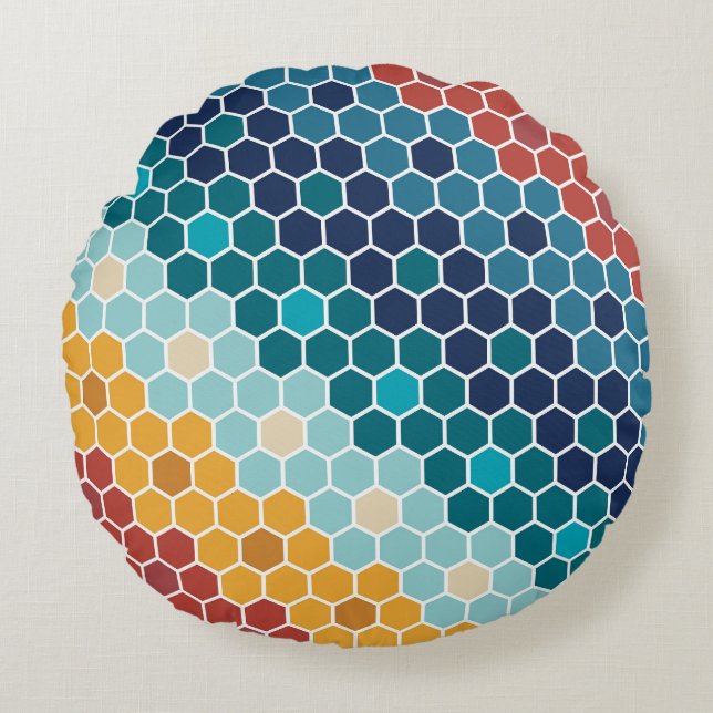 Colourful Retro Floral Mosaic Hexagon Pattern Round Cushion (Front)