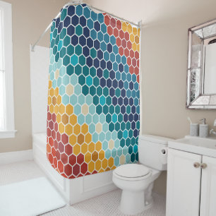 Colourful Retro Floral Mosaic Hexagon Pattern Shower Curtain
