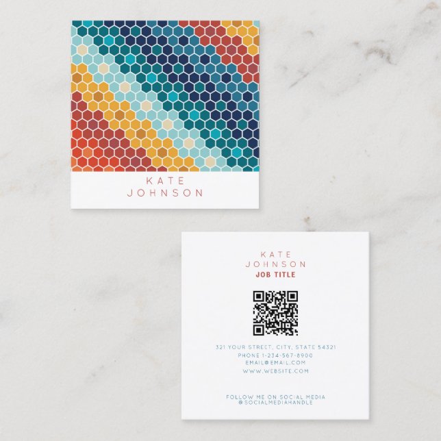 Colourful Retro Floral Mosaic Hexagon QR Code Square Business Card (Front/Back)
