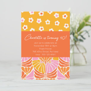 Colourful Retro Floral Orange 40th Birthday Party  Invitation