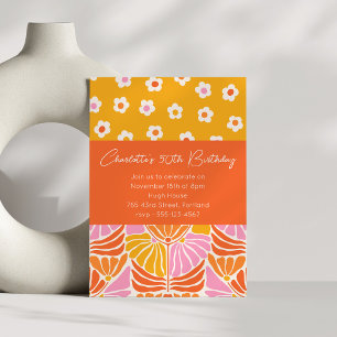 Colourful Retro Floral Orange 50th Birthday Party  Invitation