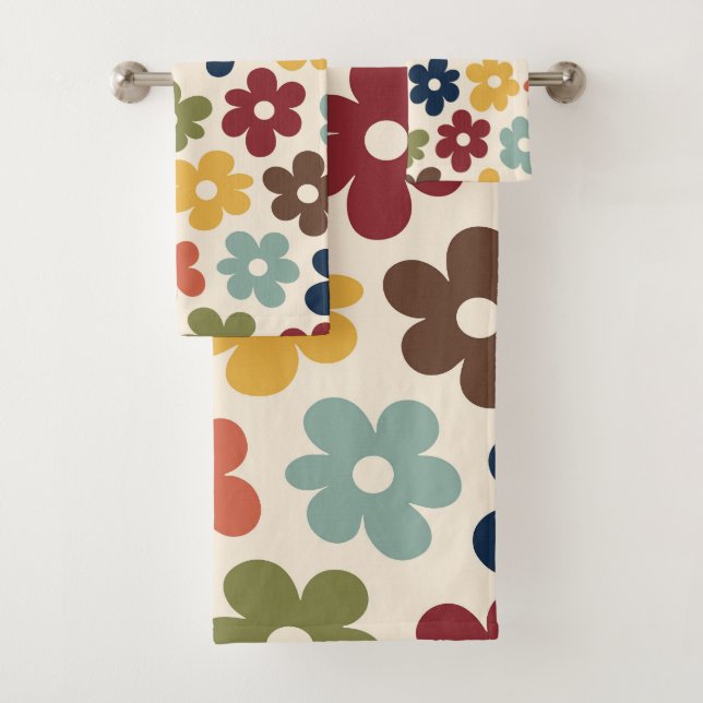 Colourful Retro Floral Pattern Bath Towel Set (Insitu)