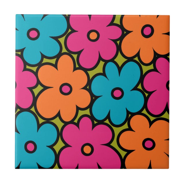 Colourful Retro Floral Pattern Ceramic Tile (Front)