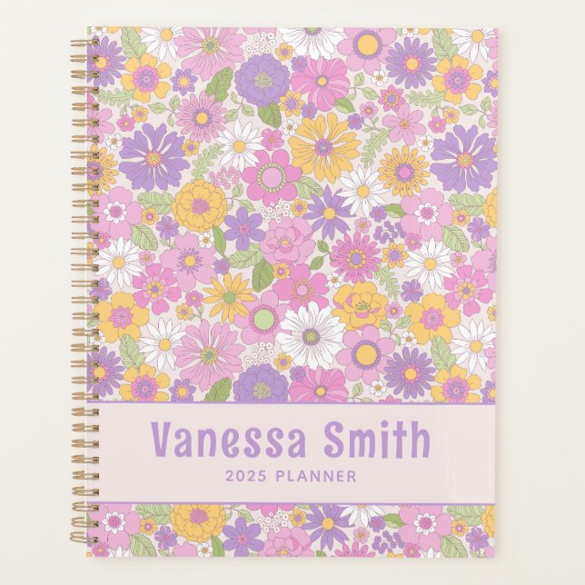 Colourful Retro Floral Pattern Personalised Planne Planner (Front)
