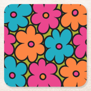 Colourful Retro Floral Pattern Square Paper Coaster