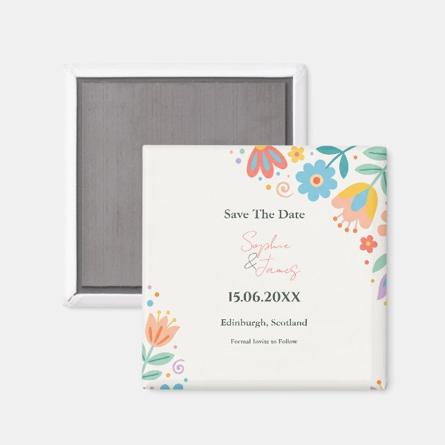 Colourful Retro Floral Save the Date Magnet (Front/Back)
