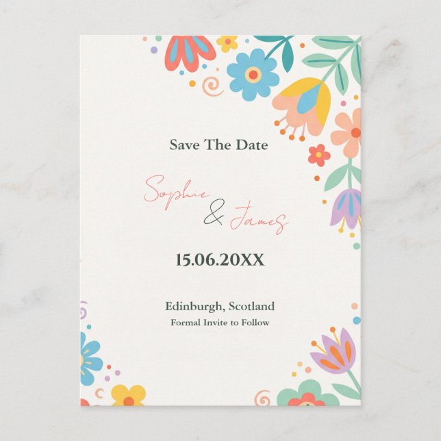 Colourful Retro Floral Save the Date Postcard (Front)