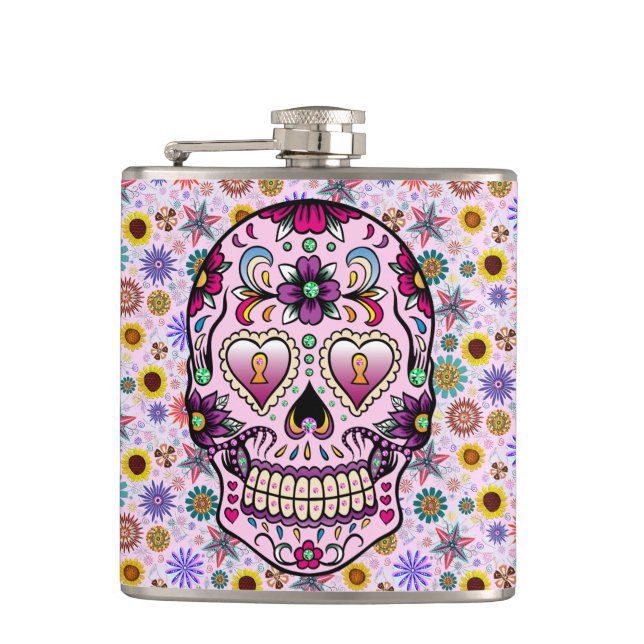 Colourful Retro Floral Skull Pink Tint 2 Hip Flask (Front)