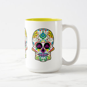 Colourful Retro Floral Skull Purple Hearts Two-Tone Coffee Mug