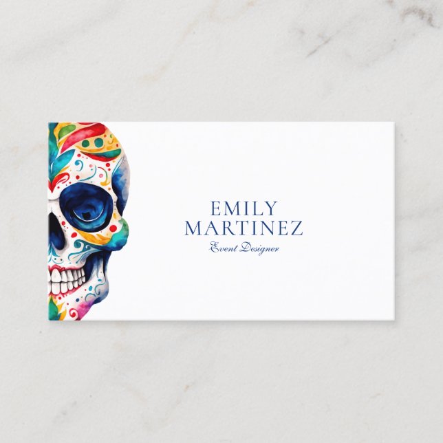 Colourful Retro Floral Sugar Skull On White Business Card (Front)