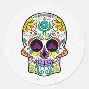 Colourful Retro Floral Sugar Skull Purple Hearts Classic Round Sticker