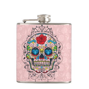 Colourful Retro Floral Sugar Skull Red Rose 2d Hip Flask
