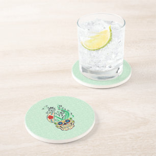 Colourful Retro Floral Sugar Skull Red Roses Coaster