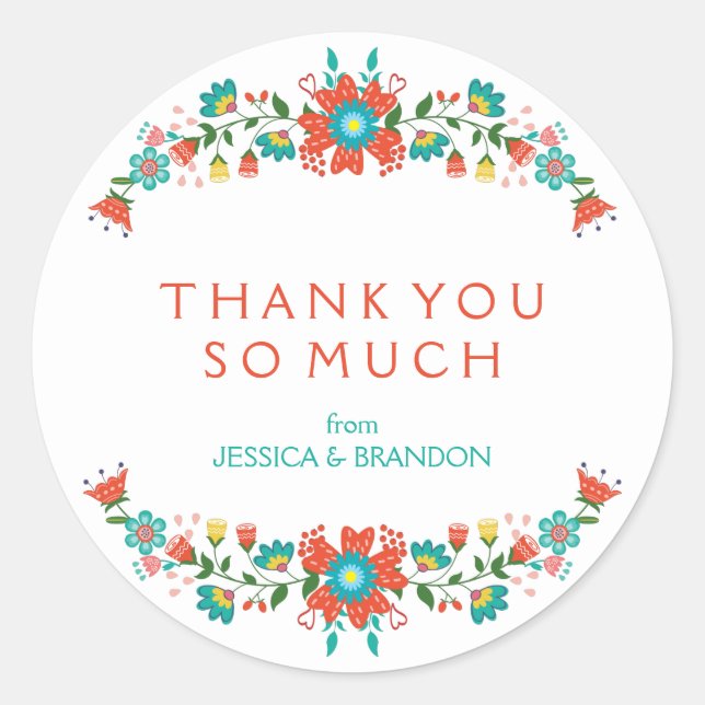 Colourful Retro Floral Wreath Thank You Sticker (Front)