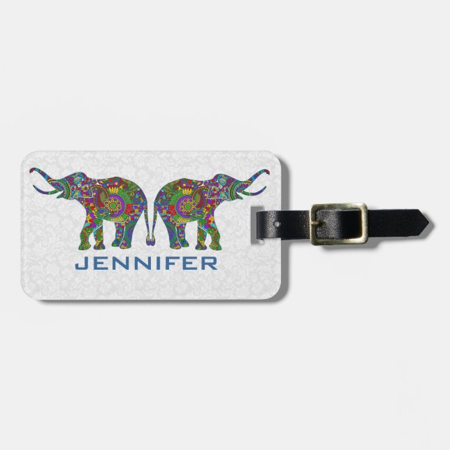 Colourful Retro Flower Elephant 3c Design Luggage Tag (Front Horizontal)