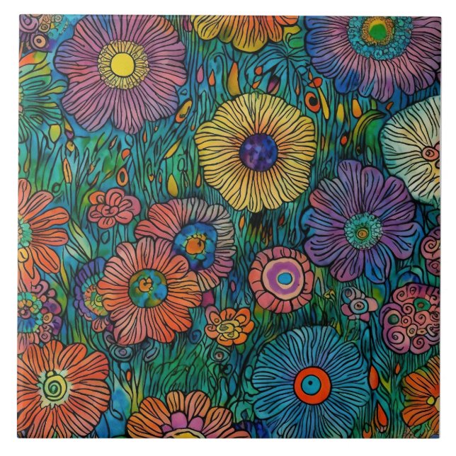 Colourful Retro Flower Garden Ceramic Tile (Front)