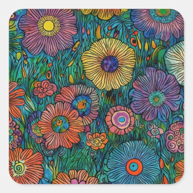Colourful Retro Flower Garden Square Sticker (Front)