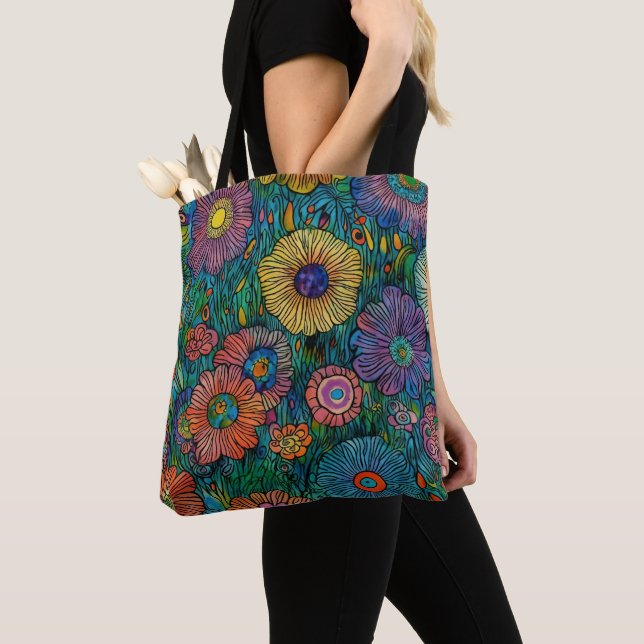 Colourful Retro Flower Garden Tote Bag (Close Up)