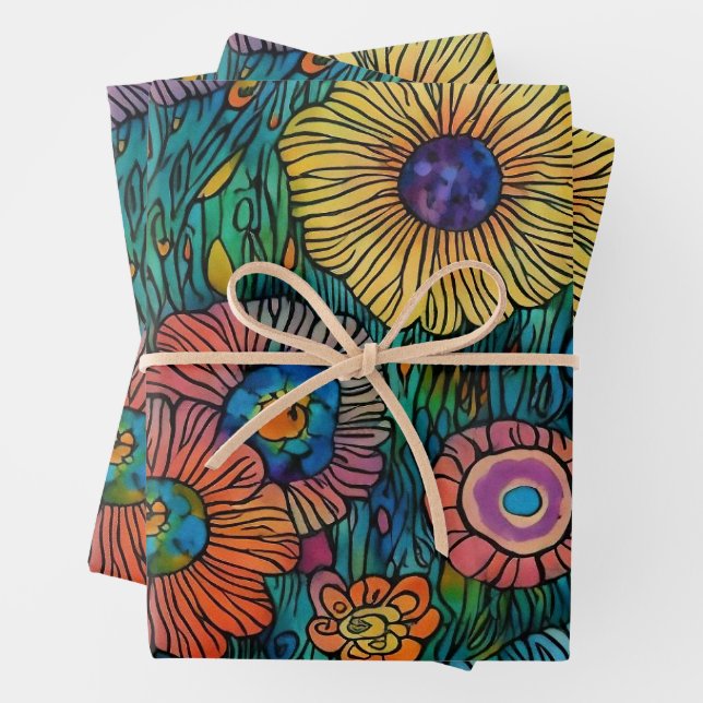 Colourful Retro Flower Garden Wrapping Paper Sheet (In situ)