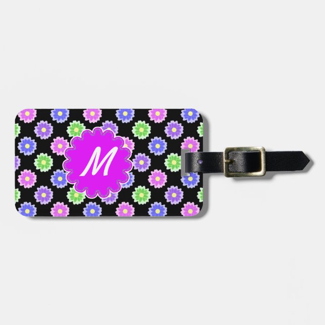 Colourful Retro Flower Pattern Monogram Luggage Tag (Front Horizontal)