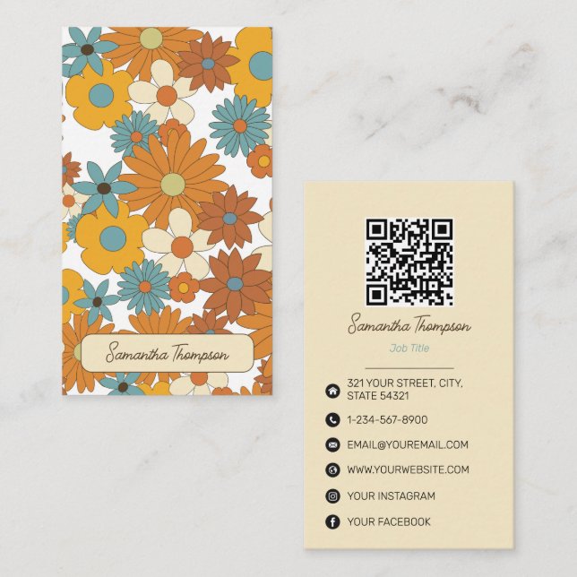 Colourful Retro Flower Pattern QR Code Social Medi Business Card (Front/Back)
