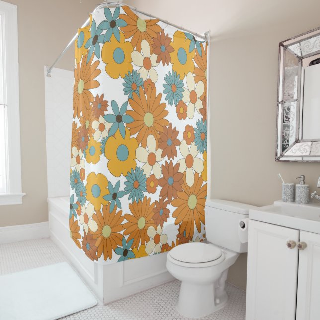 Colourful Retro Flower Pattern  Shower Curtain (In Situ)