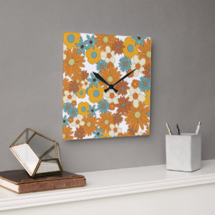 Colourful Retro Flower Pattern  Square Wall Clock
