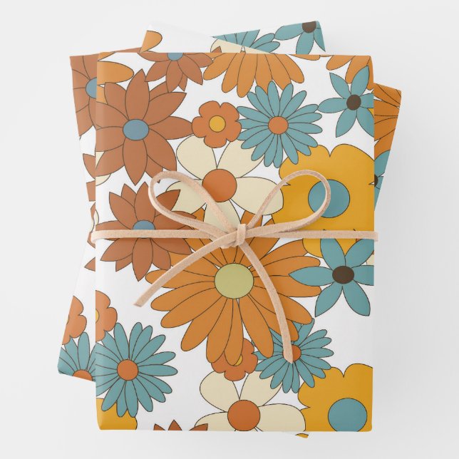 Colourful Retro Flower Pattern  Wrapping Paper Sheet (In situ)