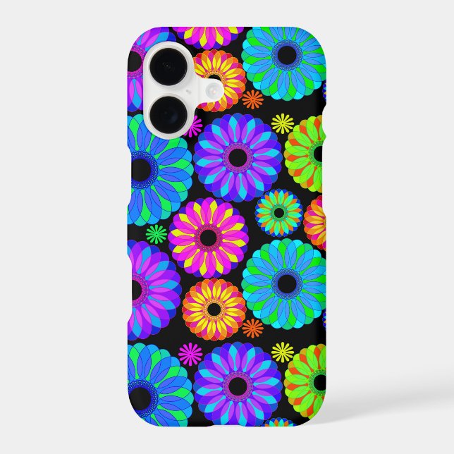 Colourful Retro Flower Patterns on Black Backgroun (Back)