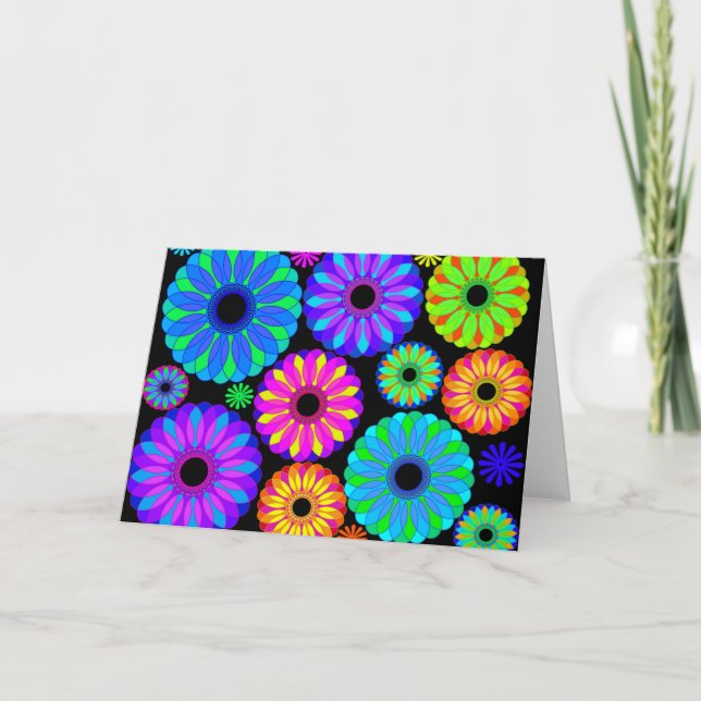 Colourful Retro Flower Patterns on Black Card (Front)