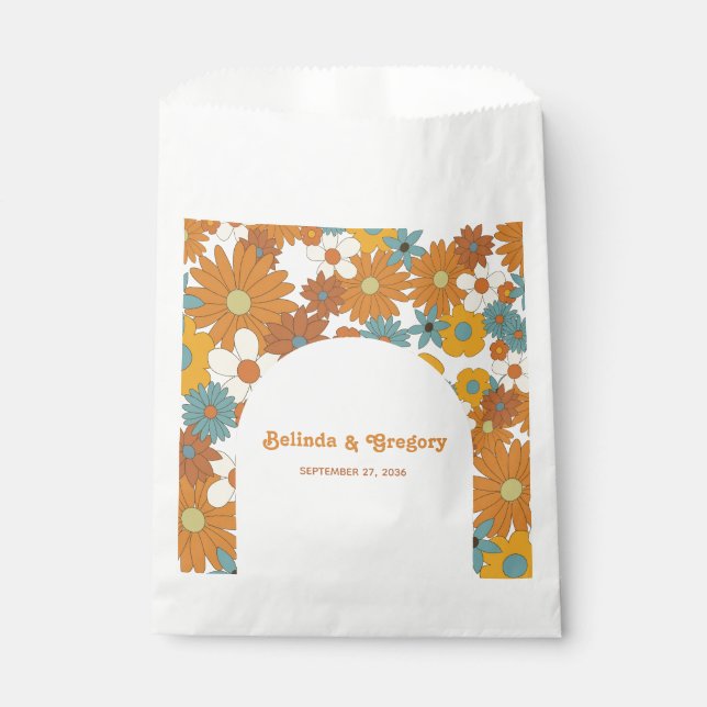 Colourful Retro Flowers 60's 70's Arch Wedding Favour Bag (Front)
