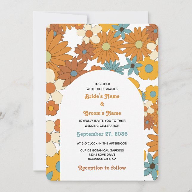 Colourful Retro Flowers 60's 70's Arch Wedding Invitation (Front)