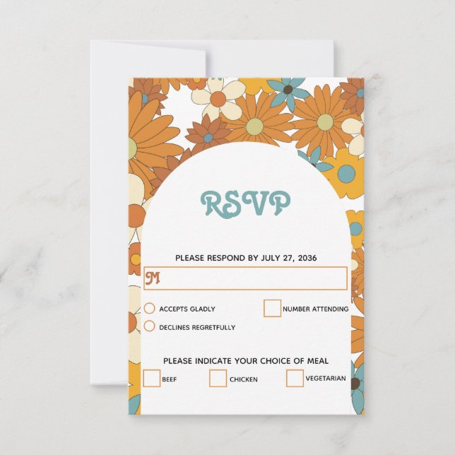 Colourful Retro Flowers 60's 70's Arch Wedding RSVP Card (Front)