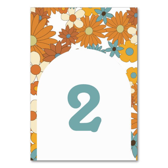 Colourful Retro Flowers 60's 70's Arch Wedding Table Number (Front)