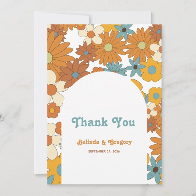 Colourful Retro Flowers 60's 70's Arch Wedding Thank You Card (Front)