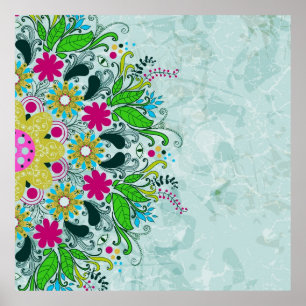 Colourful retro flowers and swirls. poster