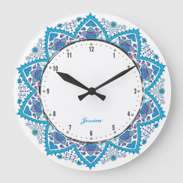 Colourful Retro Flowers Blue Overtones 2 Large Clock (Front)